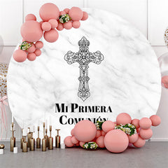 Lofaris Cross Marble Texture Happy Birthday Round Backdrop