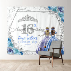 Lofaris Custom Blue Silver Glitter Twins 16th Birthday Backdrop