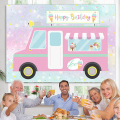 Lofaris Cute And Pink Ice Cream Truck Happy Birthday Backdrop