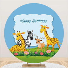 Lofaris Cute Animals With Glassland Round Birthday Backdrop