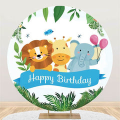 Lofaris Cute Animals With Leaves Round Happy Birthday Backdrop