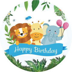 Lofaris Cute Animals With Leaves Round Happy Birthday Backdrop