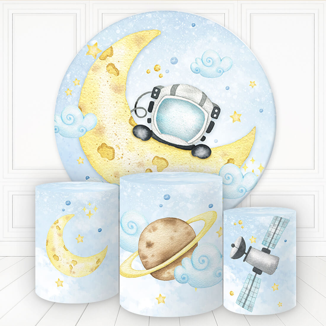 Lofaris Cute Astronaut On Moon And Cloud Round Birthday Backdrop Kit