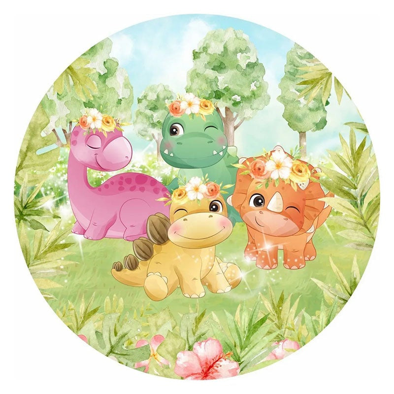 Cute Bright Cartoon Dinosaur Round Birthday Backdrop Kit – Lofaris