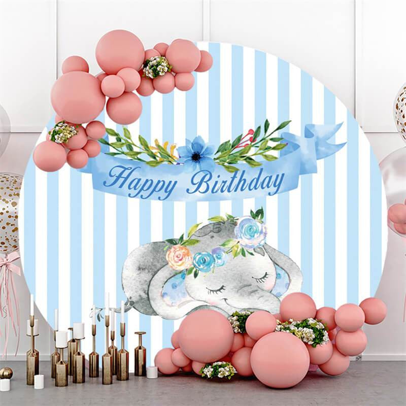 Lofaris Cute Elephant Blue Circle Happy Birthday Backdrop