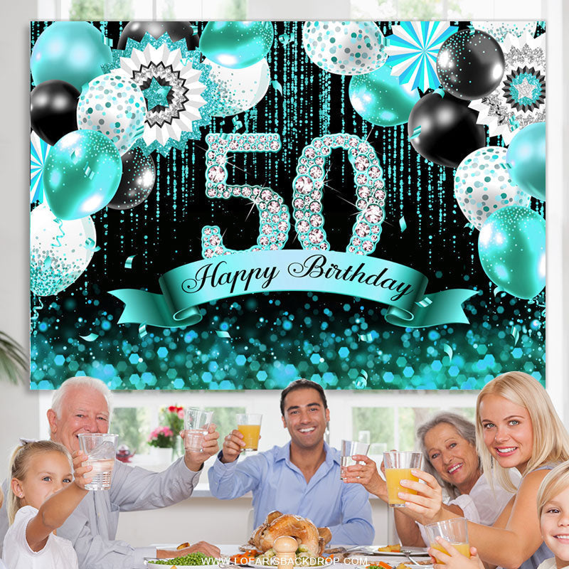 Cyan Balloons Bokeh Glitter Happy 50th Birthday Backdrop – Lofaris