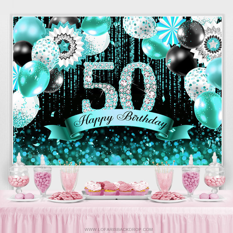 Cyan Balloons Bokeh Glitter Happy 50th Birthday Backdrop – Lofaris