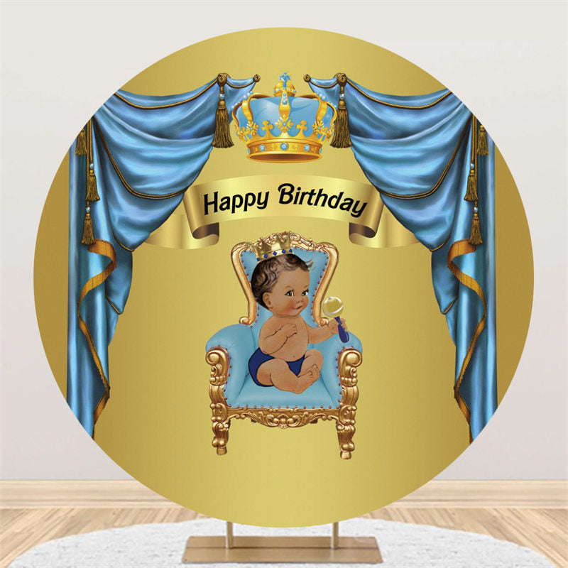 Dark Blue Curtain Gold Round Happy Birthday Backdrop - Lofaris