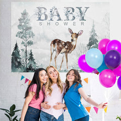 Lofaris Deer in Snow and Mountain Baby Shower Backdrop