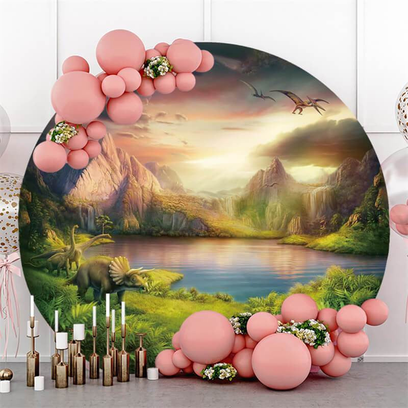 Lofaris Dinosaur And Mountain Circle Baby Shower Backdrop