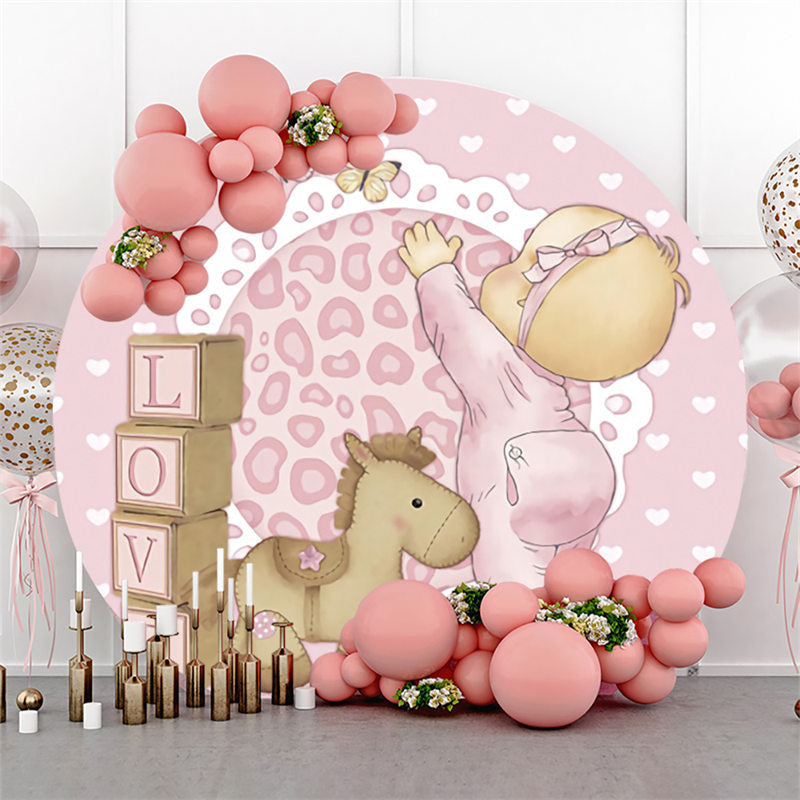 Lofaris Doll Pink Butterfly Baby Shower Round Backdrop For Girl