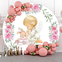 Lofaris Doll Rabbit Pink Flower Happy Birthday Circle Backdrop