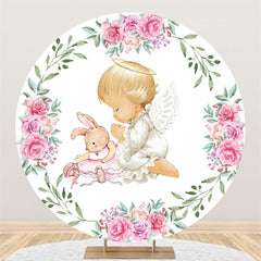 Lofaris Doll Rabbit Pink Flower Happy Birthday Circle Backdrop