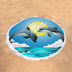 Lofaris Dolphin Dancing Night Painting Round Beach Blanket