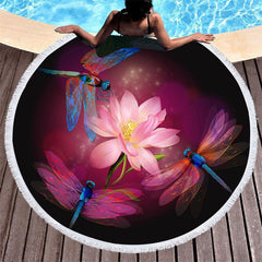 Lofaris Dragonflies And Lotus Purple Round Summer Beach Towel