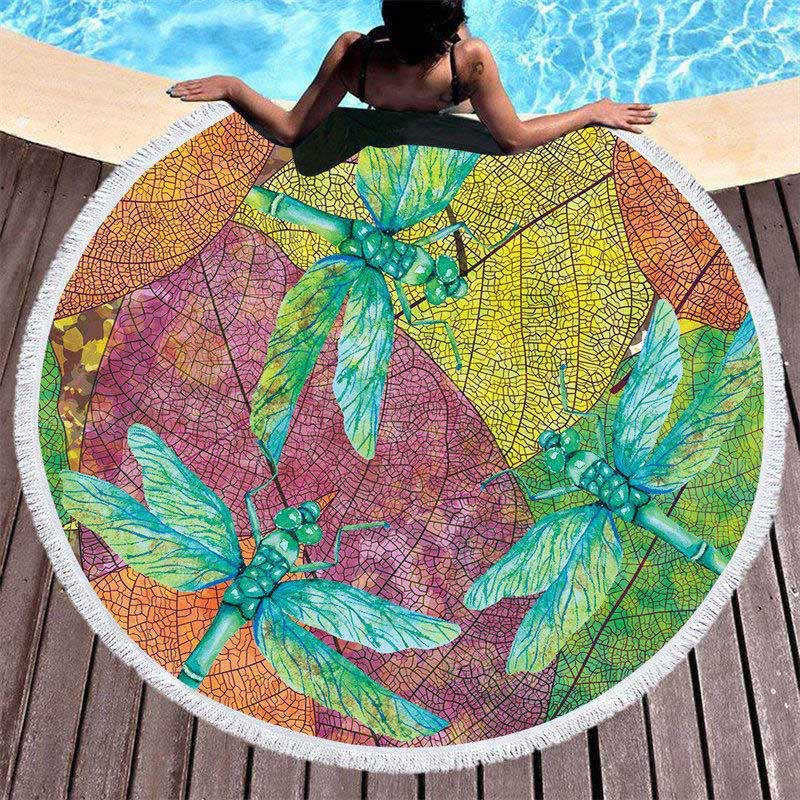 Lofaris Dragonflies Leaves Coastal Round Beach Towel With Fringe