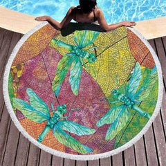 Lofaris Dragonflies Leaves Coastal Round Beach Towel With Fringe