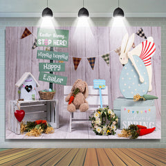 Lofaris Easter Bunny Stop Here Hippity Hoppity Wooden Backdrop