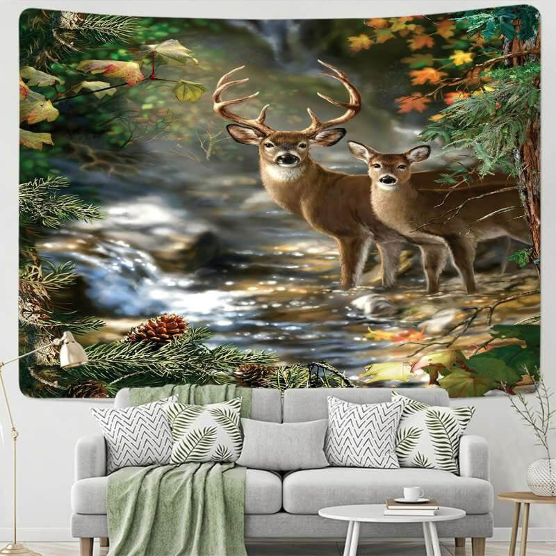 Lofaris Elk And Leaves Nature Forest Lake Animal Wall Tapestry