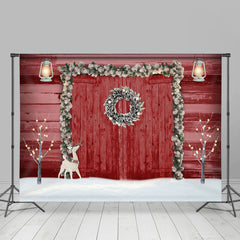 Lofaris Elk With Red Wood Door Christmas Party Theme Backdrop