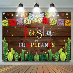 Lofaris Fiesta Lace Pattern Cactus Wooden Birthday Backdrop