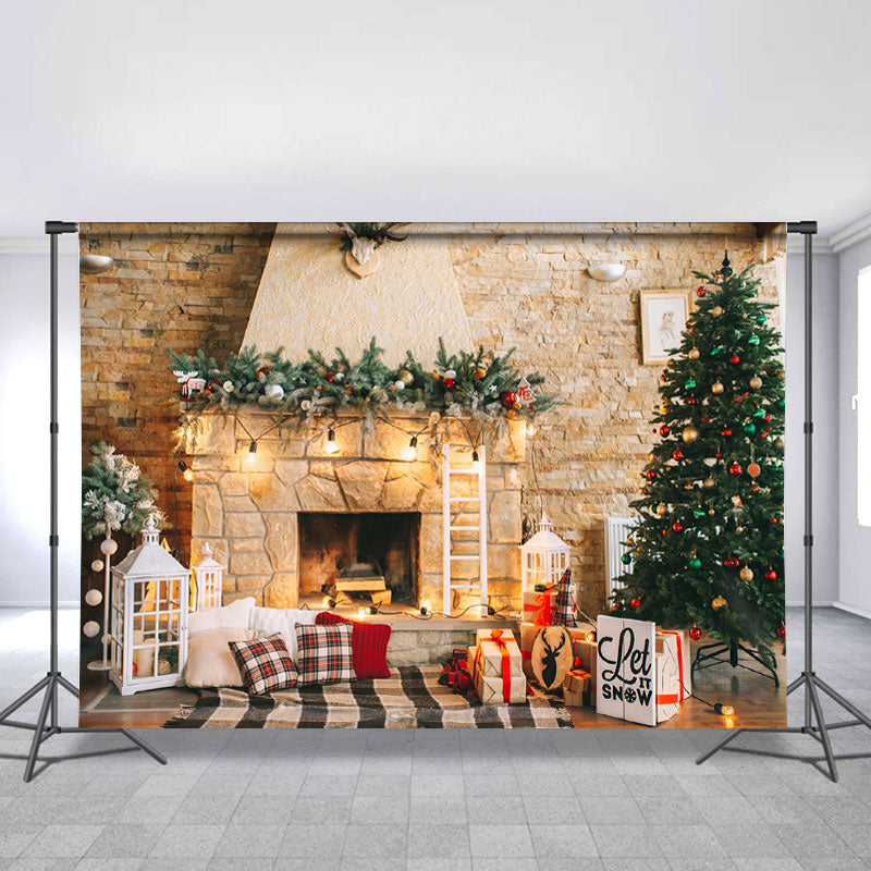 Lofaris Fireplace Brick Wall Christmas Photoshoot Backdrops
