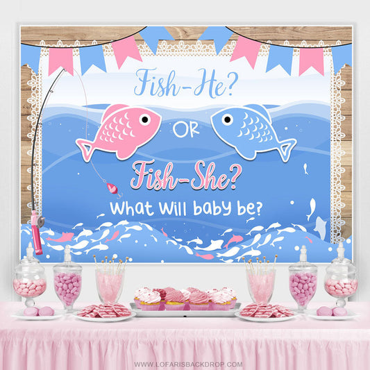 Lofaris Fish He Or She Blue Sea Wave Baby Shower Backdrop