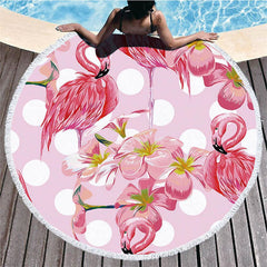 Lofaris Flamingo Flower Pink Round Beach Blanket With Fringe