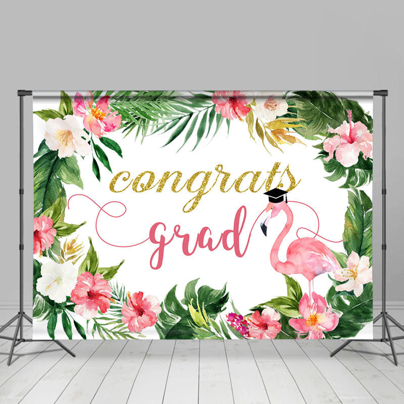 Lofaris Flamingo Hawaii Floral Congrats Grad Backdrop