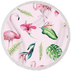 Lofaris Flamingo Hibiscus Floral Round Fringe Beach Blanket