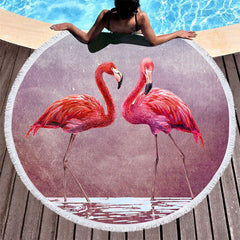 Lofaris Flamingos Painting Round Summer Beach Blanket With Fringe