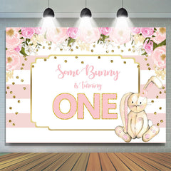 Lofaris Floral And Bunny Pink 1st Birthday Backdrop For Girl