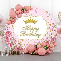 Lofaris Floral And Crown Pink Round Happy Birthday Backdrop