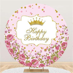 Lofaris Floral And Crown Pink Round Happy Birthday Backdrop