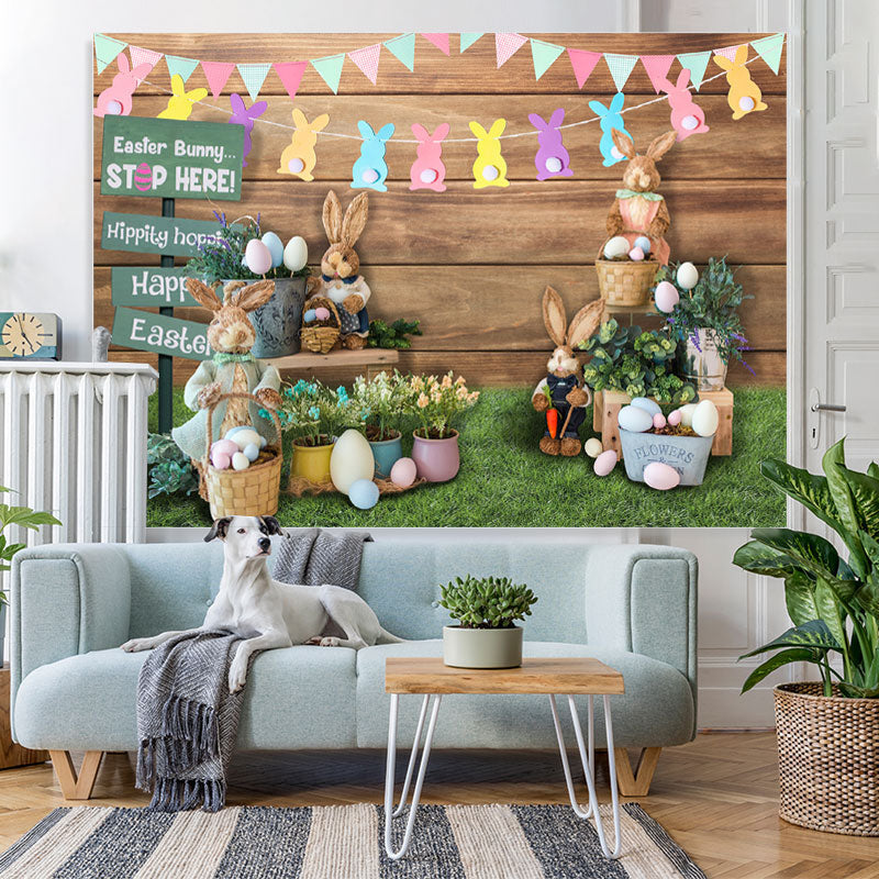 Lofaris Floral And Cute Rabbit Wooden Happy Easter Day Backdrop