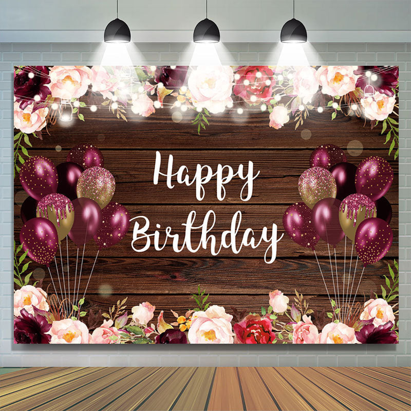 Lofaris Floral And Glitter Balloons Brown Wood Birthday Backdrop