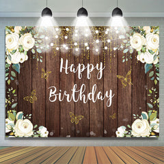 Lofaris Floral And Glitter Butterfly Happy Birthday Backdrop