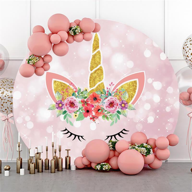 Lofaris Floral And Glitter Pink Unicorn Round Birthday Backdrop