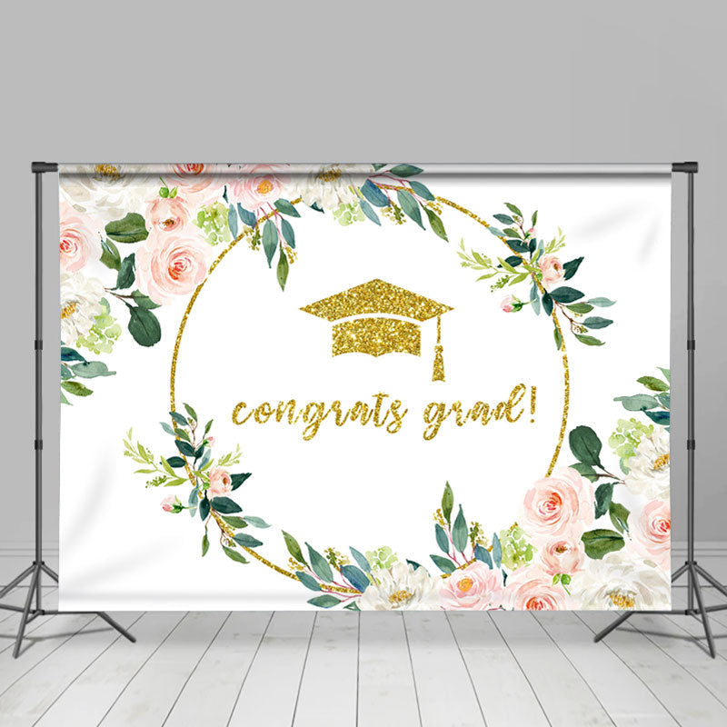 Lofaris Floral And Leaves Gold Glitter Congrats Grad Backdrop