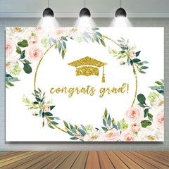 Lofaris Floral And Leaves Gold Glitter Congrats Grad Backdrop