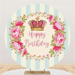 Lofaris Floral And Pink Crown Circle Happy Birthday Backdrop