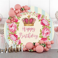 Lofaris Floral And Pink Crown Circle Happy Birthday Backdrop