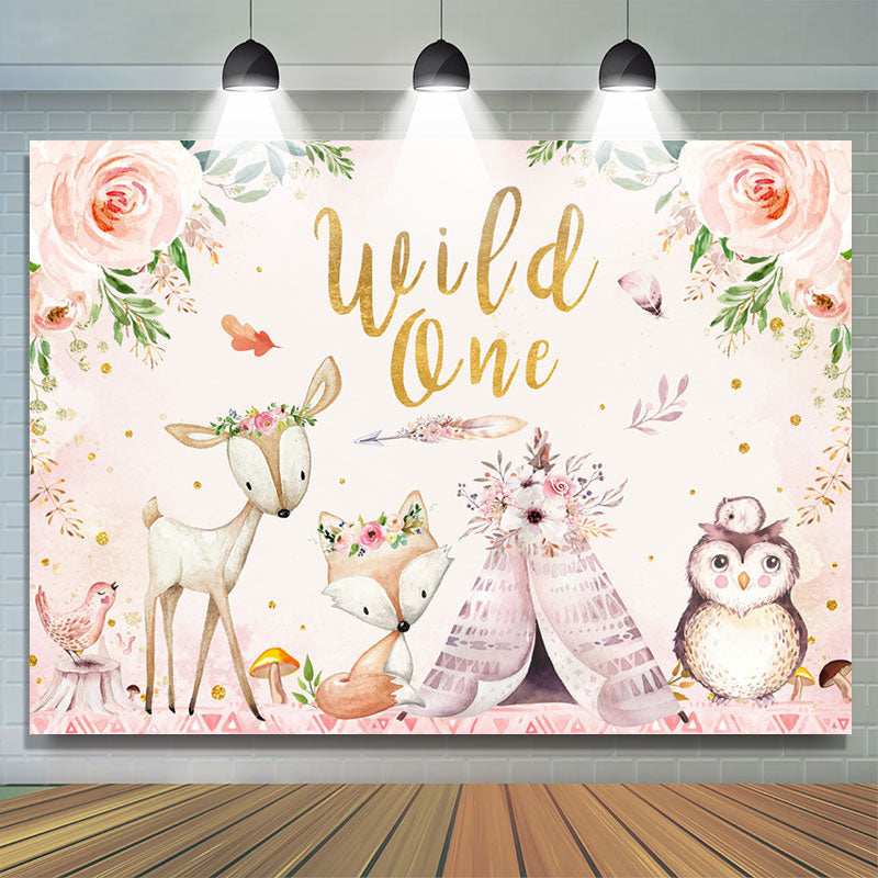 Lofaris Floral Animal World With Tent Wild One Birthday Backdrop