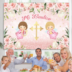 Lofaris Floral Baby Pink Cross Mi Bautizo Girl Backdrop