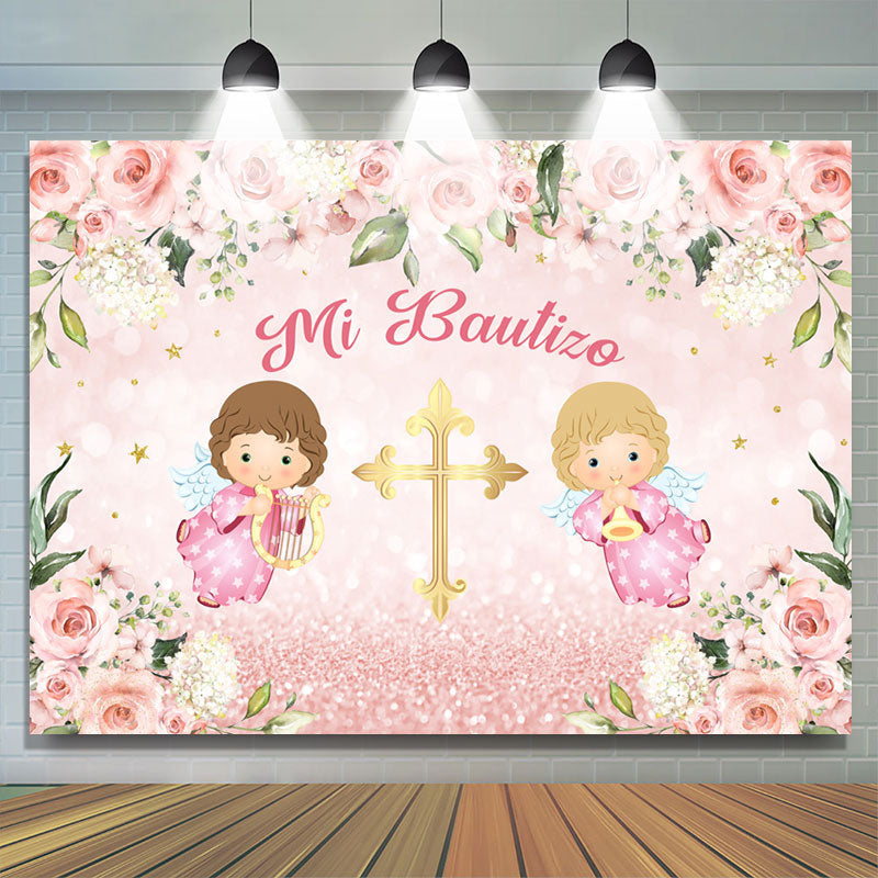 Lofaris Floral Baby Pink Cross Mi Bautizo Girl Backdrop