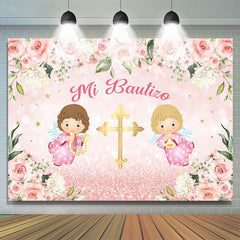 Lofaris Floral Baby Pink Cross Mi Bautizo Girl Backdrop