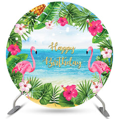 Lofaris Floral Beach And Flamigo Happy Birthday Round Backdrop