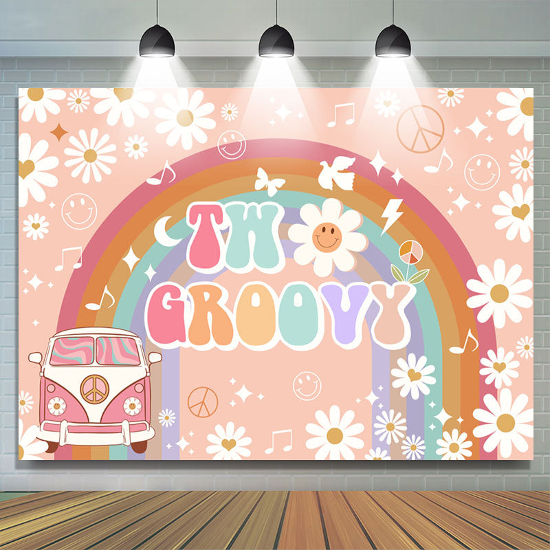 Lofaris Floral Car Rainbow Happy 2Nd Birthday Backdrop