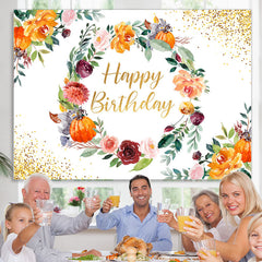 Lofaris Floral Circle With Golden Dots Happy Birthday Backdrop