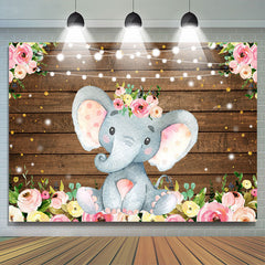 Lofaris Floral Elephant Light Glitter Wood Birthday Backdrop for Girl